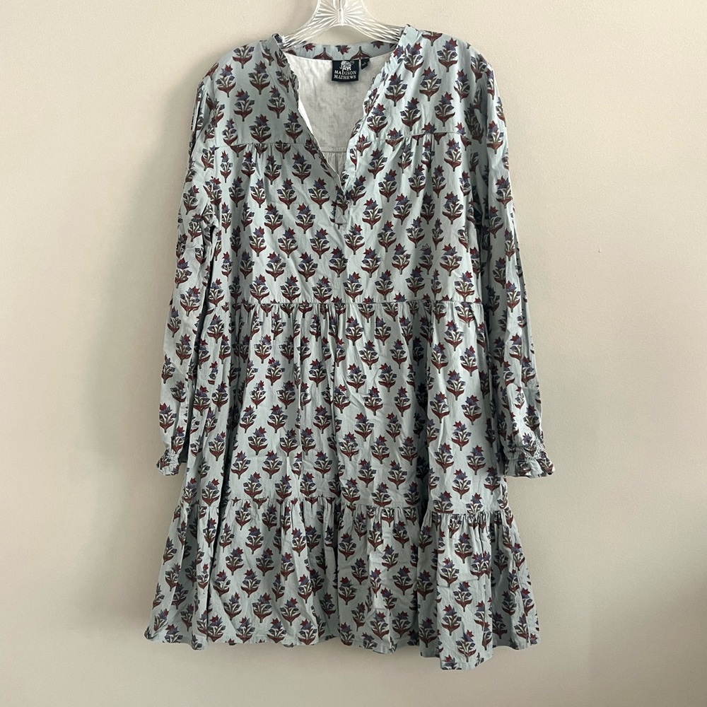 Tuckernuck Light Blue Floral Long Sleeve Tiered Mini Dress